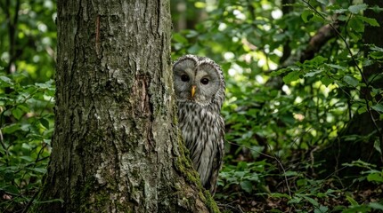Fototapeta premium A Ural owl peeking from behind a tree trunk in a green beech forest, layered feathers, piercing eyes and hidden woodland stillness, ultra-realistic, no logos.