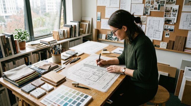 Interior architect in a design studio drawing a blueprint by hand, surrounded by material samples, color swatches, and art tools, refined creative atmosphere, natural tabletop lighting,