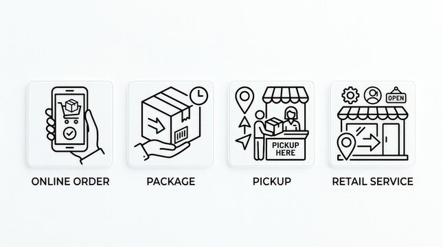 Click and collect icons with pickup, online order, package and retail service symbols in a clean outline set on white, modern and practical, ultra-realistic, no logos.