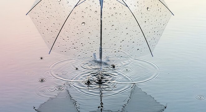 Raindrops falling on a transparent umbrella over a reflective water surface with ripples. april showers umbrella