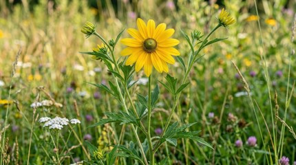 Fototapeta premium Cutleaf coneflower with bright golden petals and tall flowering stems, frontal isolated wildflower display in fresh daylight, lively meadow atmosphere, ultra-realistic, no logos.