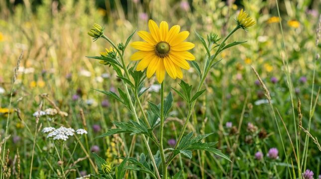 Cutleaf coneflower with bright golden petals and tall flowering stems, frontal isolated wildflower display in fresh daylight, lively meadow atmosphere, ultra-realistic, no logos.
