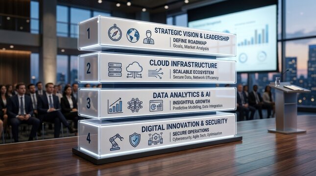 A layered business technology infographic template reimagined as a photorealistic four-tier corporate presentation scene, each horizontal layer cleanly separated with space for text, polished modern