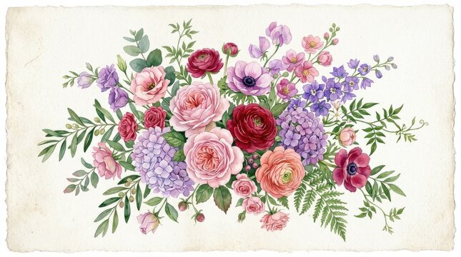 A floral bouquet collection with varied blossoms and leafy stems in pink, purple, red, and green, lush botanical layering with romantic garden elegance, soft watercolor pigment on textured cotton