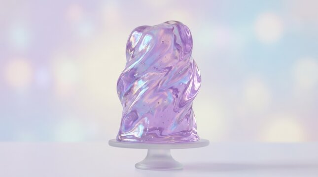 A vertical wobbling jelly form in pastel purple, isolated in a minimal scene, holographic sheen, soft dessert-like texture, playful dreamcore atmosphere, ultra-realistic, no logos.