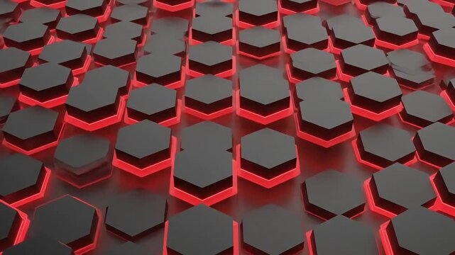 Futuristic hexagonal grid pattern with glowing red neon edges 3 D rendered abstract technology