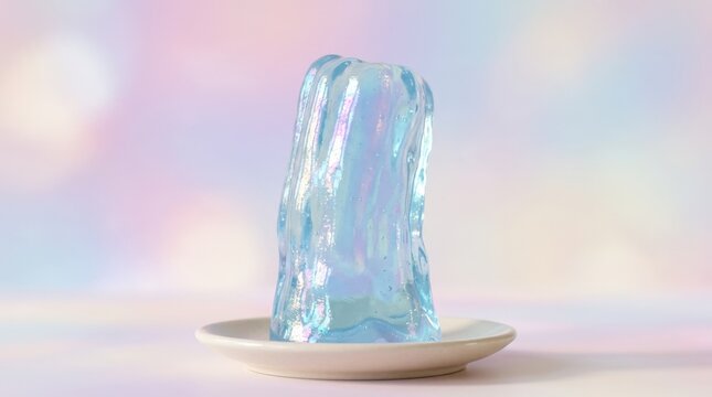 A vertical wobbling jelly form in pastel blue, isolated in a minimal scene, holographic sheen, soft dessert-like texture, playful dreamcore atmosphere, ultra-realistic, no logos.