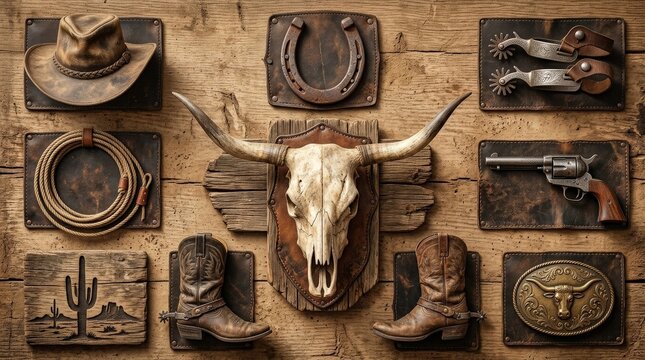 A western icon set centered on a longhorn skull, rustic frontier symbols, dry desert character, bold vintage atmosphere, ultra-realistic, no logos.