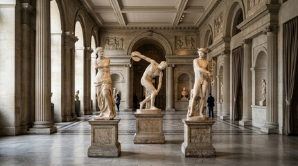 Obraz premium A refined classical interior with antique statues of Discobolus, Venus and Mercury, stone textures, museum-like light, timeless elegance, ultra-realistic, no logos.