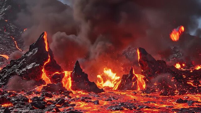 Apocalyptic landscape with fire and lava concept. Volcanic eruption with flowing lava and fiery molten rock in dramatic natural disaster scene