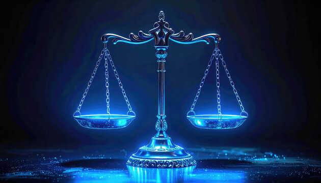 glowing blue judge's scales on dark background  symbol of justice concept 