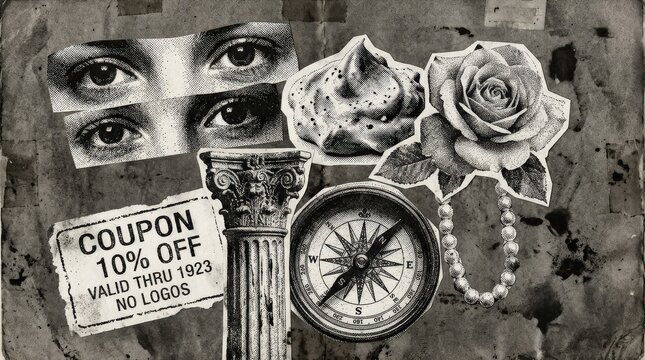 Photocopy stippled collage elements including eyes, cream, pillar, flower, rose, coupon, compass and pearl, grunge dadaist bitmap mood, ultra-realistic, no logos.