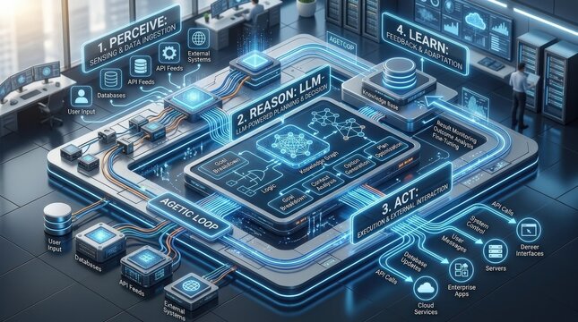 A clear agentic AI explainer diagram rendered as a photorealistic isometric workflow, showing Perceive, Act, Reason, and Learn stages in an enterprise-ready composition, clean structure, luminous