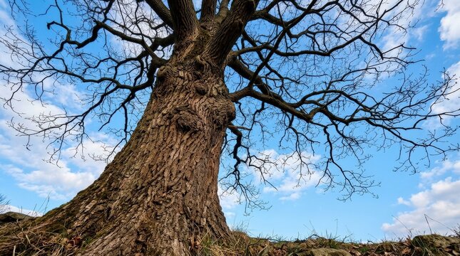 A warm brown tree trunk with rough bark rising powerfully upward, dark twisting bare branches silhouetted against a blue sky, ultra-realistic, no logos.