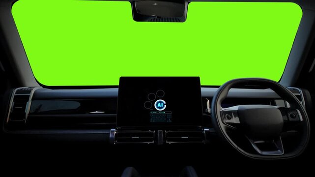 Futuristic AI Interface Overlay in Electric Car Interior &ndash; Augmented Reality  green screen