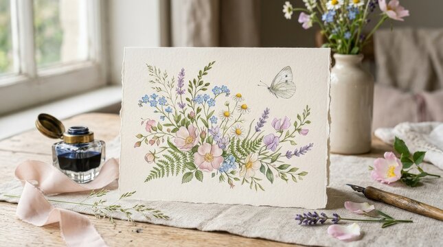 A floral card with delicate wildflowers, green plants and a white flying butterfly, airy pastel elegance, soft romantic sweetness, ultra-realistic, no logos.