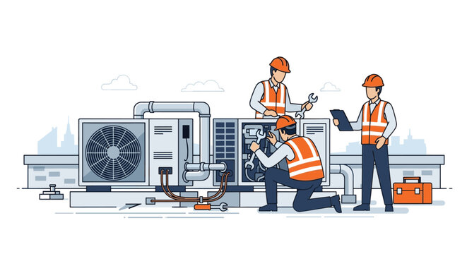 Three diligent maintenance workers wearing orange safety vests and hard hats repair a rooftop HVAC unit using specialized tools and clipboards in daylight.