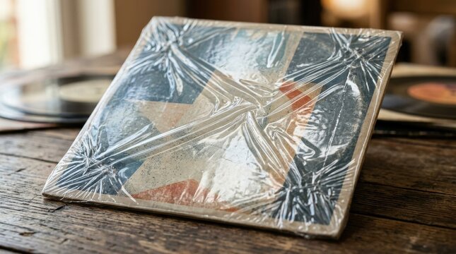 A plastic crumpled packaging texture like a CD or vinyl cover, glossy shrink sleeve folds and reflective creases, tactile retro media aesthetic, ultra-realistic, no logos.