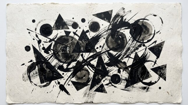 An abstract arrangement of black triangles, circles and expressive brushstrokes on an off-white background, chaotic yet elegant modern composition, ultra-realistic, no logos.