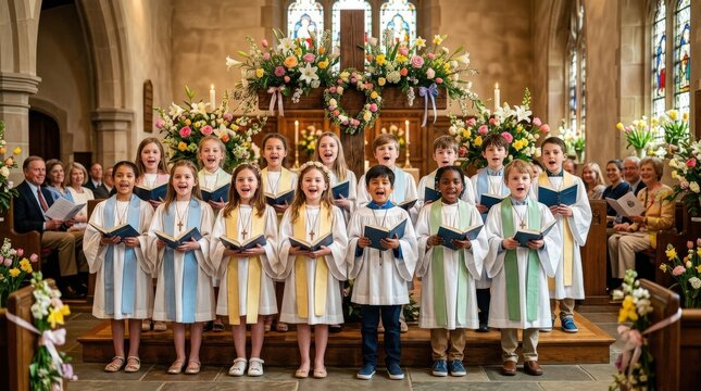 Children singing in a church choir during Easter service, kid choir members in front of a decorated cross, soft spring colors, joyful musical worship atmosphere, ultra-realistic, no logos.