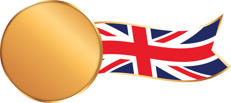 Gold circle frame with waving UK flag ribbon, blank premium medal label template
