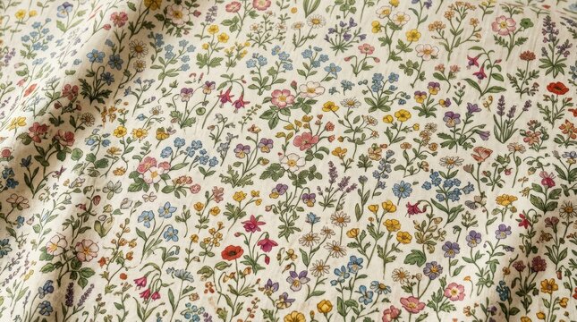 A millefleurs floral pattern with many tiny blossoms scattered across a soft ground, intricate garden detail and elegant vintage charm, ultra-realistic, no logos.