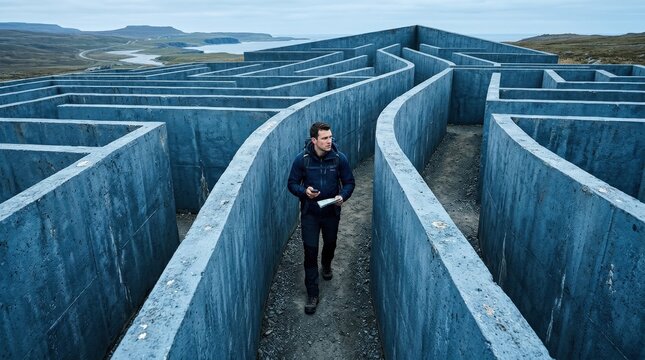 A man navigating inside a maze shaped like an arrow, high walls guiding direction, cool blue tones, atmosphere of strategy, focus and success-oriented progress, ultra-realistic, no logos.
