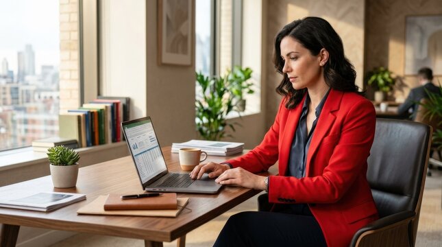 A professional woman in a red blazer working on a laptop computer, elegant office desk, balanced natural light, vivid red contrast, composed and capable atmosphere, ultra-realistic, no logos.