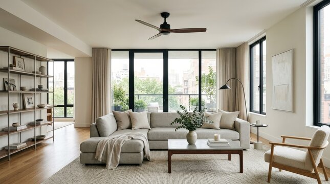 polished luxury living room interior mockup, a contemporary couch beneath a sleek modern ceiling fan, soft daylight filtering through large windows, uncluttered styling and domestic comfort,