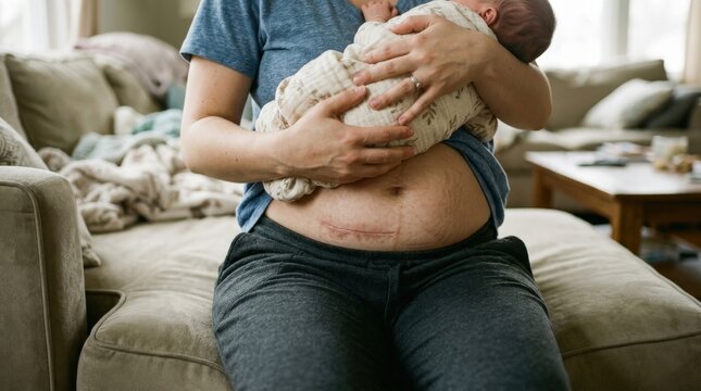 Close-up of a woman '92s abdomen showing a healed cesarean scar while she holds her baby, intimate postpartum moment with gentle light, soft skin detail and respectful maternal perspective emphasizing