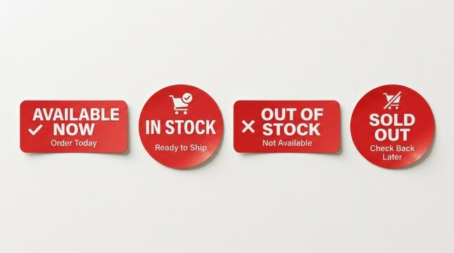 A set of red availability badges showing available now, in stock, out of stock, and sold out, clean retail labels, flat sticker style with realistic print texture, isolated composition, photorealistic