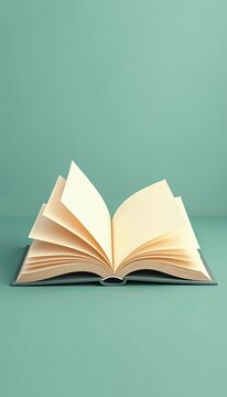 Minimalist illustration of an open book with blank cream pages unfurled. A simple geometric design on a solid teal background. Represents knowledge, learning, or storytelling concepts.
