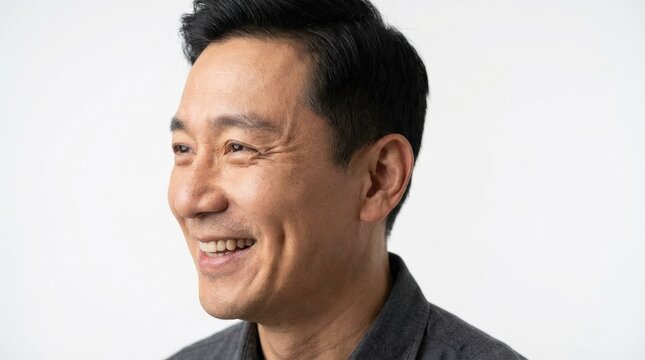 Joyful profile portrait of an Asian man laughing with visible dimples, neatly groomed dark hair, friendly confident expression, clean white studio background, photorealistic headshot, crisp skin