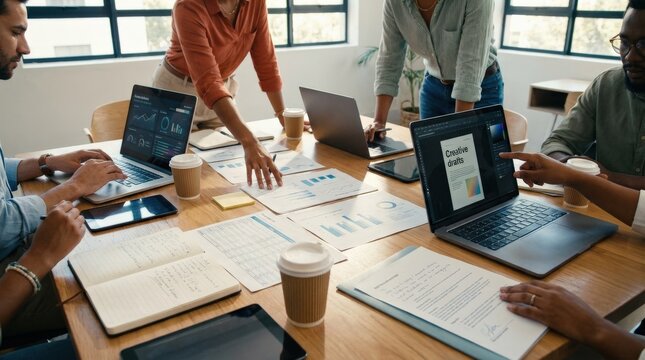 A team collaborating on a digital marketing project with laptops and documents on a desk, hands interacting with data sheets, modern office environment, natural lighting, cinematic composition,