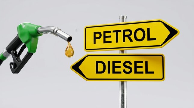 Green fuel nozzle dispensing a drop of golden gasoline above yellow road signs pointing toward options for petrol and diesel engine fuel