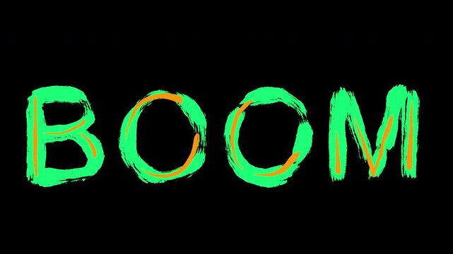 High energy 2D text animation featuring pop art inspired words WOW, BOOM and COOL. Hand drawn grunge style with bold textures and vibrant colors on black background. Perfect for comic book themes