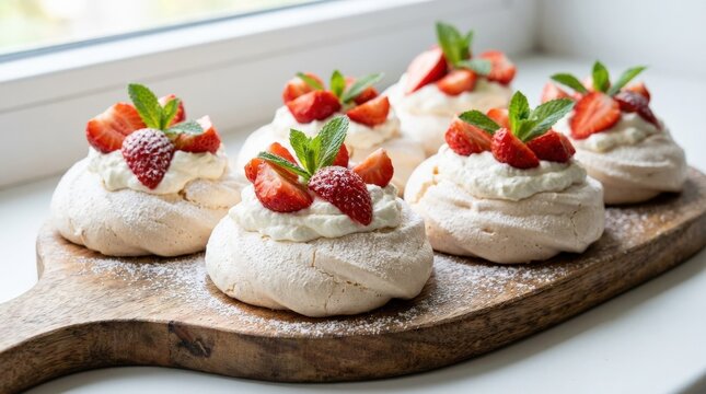 Mini pavlovas topped with whipped cream, fresh strawberries, mint leaves and powdered sugar on a wooden board, airy meringue dessert presentation, photorealistic food photography, soft natural light,