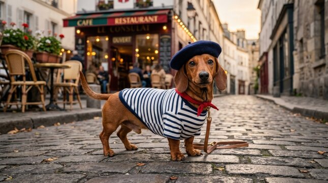 A dachshund in a beret and striped shirt, charming posture, playful Parisian flair, warm whimsical atmosphere, ultra-realistic, no logos.