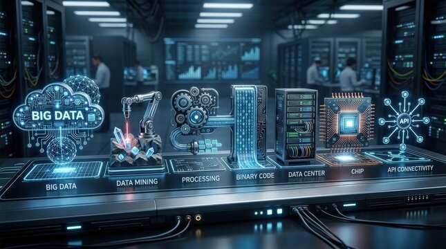 A data icon set rendered as photorealistic 3D tech symbols, including big data, data mining, processing, binary code, data center, chip, and API connectivity, futuristic enterprise layout, cool