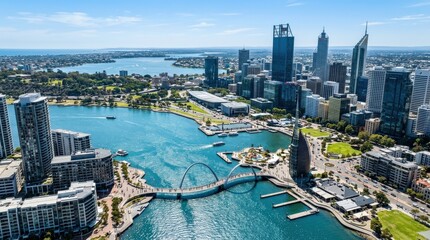 Naklejka premium Aerial view of Swan River and Elizabeth Quay in Perth, modern architecture, elegant footbridge, shimmering water, expansive cityscape, crisp daylight, ultra-realistic, no logos.