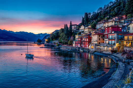 Varenna Town lakeside night view in Italy