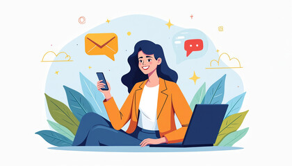 Fototapeta premium Woman with smartphone, laptop communicates via mail, chat. Businesswoman uses digital devices for online connection. Sends messages, receives notifications. People use tech for global communication.