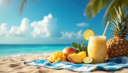 Obraz premium Pineapple juice with tropical fruits rests on beach towel. Refreshing beverage by blue ocean water and sky. Relaxing vacation scene with palm tree backdrop and sunny day.