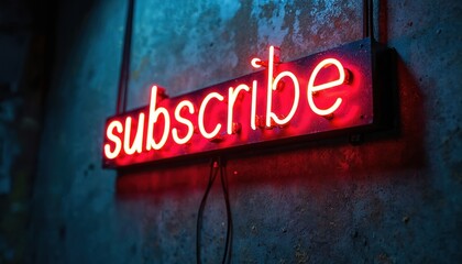 Obraz na płótnie Canvas Red neon word subscribe glows on a rough textured wall. Sign provides retro industrial vibe for online content creators and businesses. This light display announces a call to action.