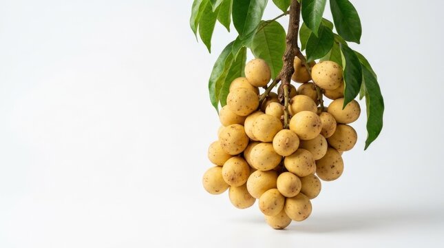 Cluster of ripe lanzones fruit isolated on a clean white backdrop with copy space, pale golden skins and tropical freshness arranged in a neat studio composition, bright natural produce mood, crisp
