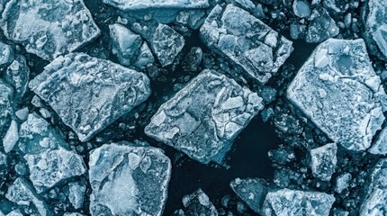 Obraz premium Close-up of a frozen lake surface with numerous floating ice floes, crystalline edges and cold blue reflections, stark winter atmosphere, subtle wind ripples between the ice, photorealistic arctic