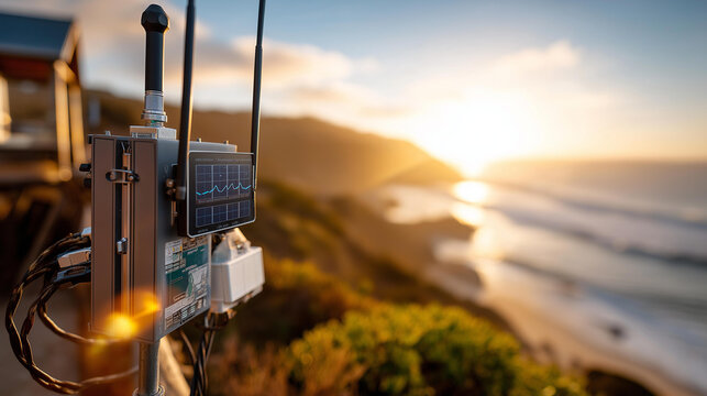 Close up of a connected environmental monitoring station at a bright coastal location showing water quality sensors wave height gauges and a solar powered data transmission