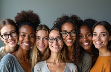 Obraz premium Six women of diverse ages ethnicities and styles smile together. They represent friendship community and varied human identities. Positive people connect and share happy moments.