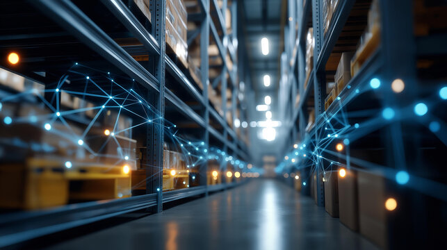 Close up of a modern distribution warehouse interior shown in diminishing perspective with digital plexus lines connecting automated guided vehicles navigating between shelving