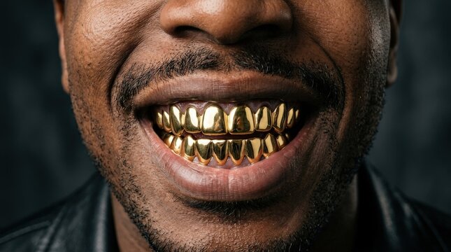 Man revealing a full set of gold teeth grillz, shiny metallic caps covering upper and lower teeth, dark mustache visible, bold luxury fashion statement, close-up mouth detail, extravagant status